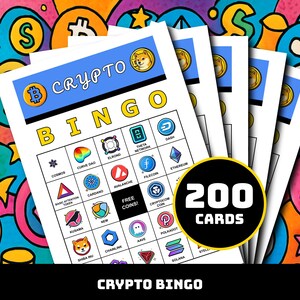 Puede incluir: Un montón de tarjetas de Crypto Bingo con un fondo colorido. Cada tarjeta presenta una cuadrícula con logotipos de criptomonedas y la frase "CRYPTO BINGO". Un gráfico circular indica "200 TARJETAS". La parte inferior de la imagen dice "CRYPTO BINGO".