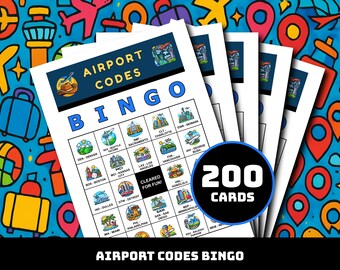 Airport Codes Bingospiel - 200 druckbare Karten mit 40 Travel Moments | Geographie-Lernen für Klassenzimmer, Homeschool, Familienspaß & Trivia