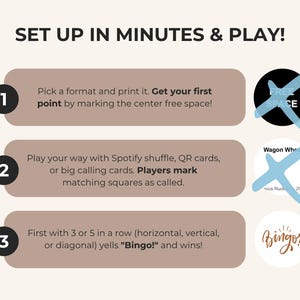 May include: Instructions for a Bingo game, with the text "SET UP IN MINUTES & PLAY!". Steps include printing a format, marking a center space, and playing with Spotify or QR cards. The goal is to get 3 or 5 in a row and yell "Bingo!"