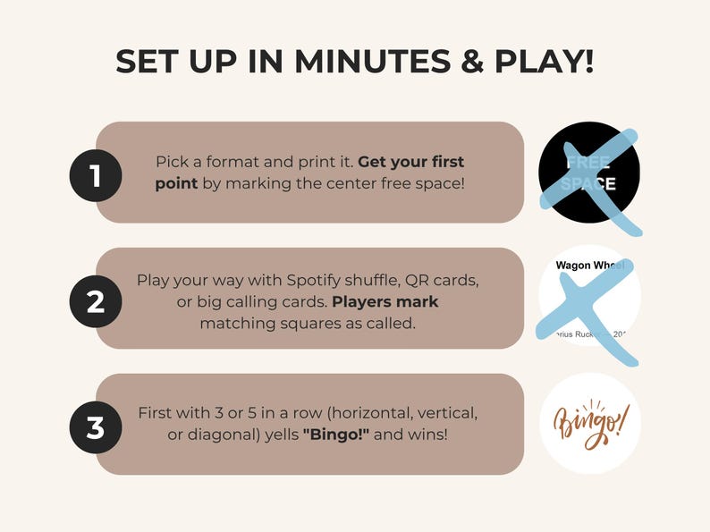 May include: Instructions for a Bingo game, with the text "SET UP IN MINUTES & PLAY!". Steps include printing a format, marking a center space, and playing with Spotify or QR cards. The goal is to get 3 or 5 in a row and yell "Bingo!"