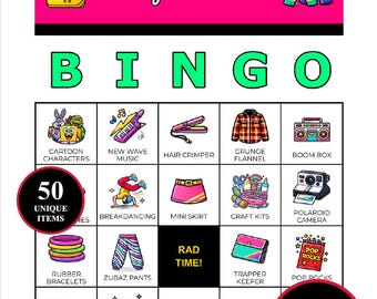 1980s Bingo Game – 200 Printable Cards with 50 Iconic Moments | Totally Radical Party Game for 80s Reunions, Neon Nights, Retro Bashes