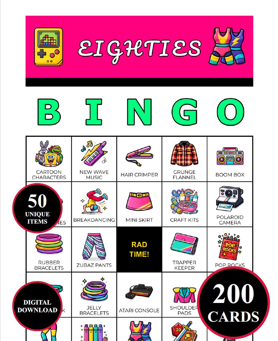 1980s Bingo Game – 200 Printable Cards With 50 Iconic Moments