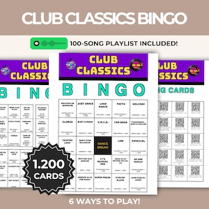 May include: Club Classics Bingo game set featuring multiple printable cards with song titles, artists, and years. The design includes a purple header with a disco ball and vinyl record icon, a 5x5 grid, and a black starburst badge stating 1.200 CARDS.