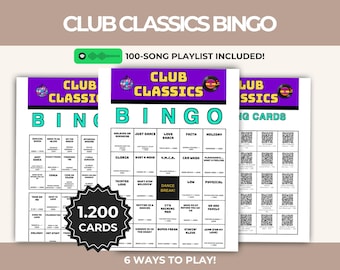Club Classics Music Bingo Printable Game, Dancefloor Playlist, High Energy Singalong Activity, Instant Download Digital PDF, QR Calling Card