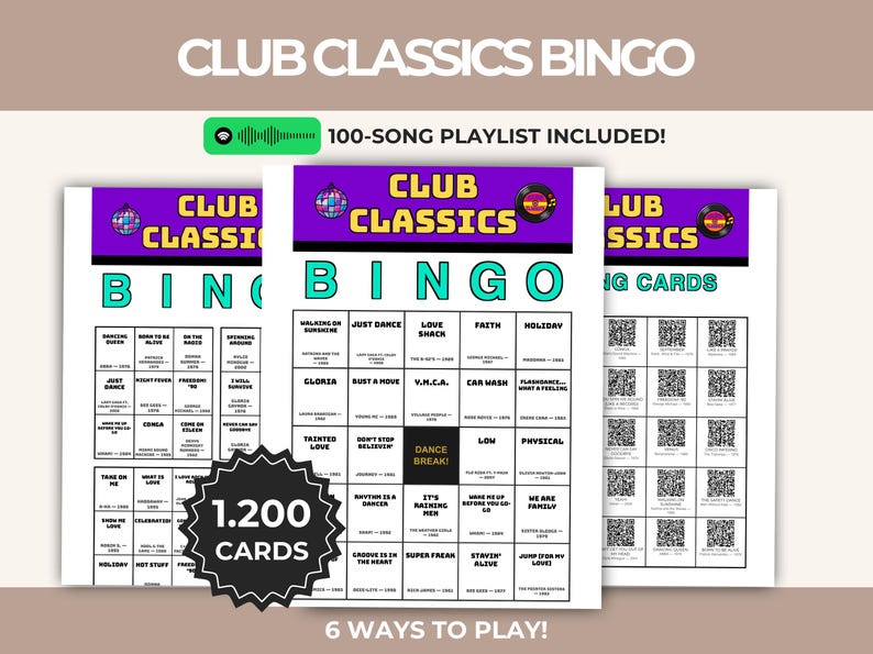 May include: Club Classics Bingo game set featuring multiple printable cards with song titles, artists, and years. The design includes a purple header with a disco ball and vinyl record icon, a 5x5 grid, and a black starburst badge stating 1.200 CARDS.