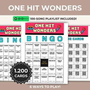 Puede incluir: Un juego de tarjetas de bingo "One Hit Wonders" con una lista de reproducci&oacute;n de 100 canciones. Las tarjetas presentan un gr&aacute;fico de cinta de cassette retro y micr&oacute;fono. Las tarjetas de bingo tienen una cuadr&iacute;cula en blanco y negro con t&iacute;tulos de canciones y c&oacute;digos QR.