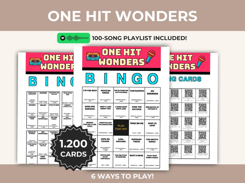 Puede incluir: Un juego de tarjetas de bingo "One Hit Wonders" con una lista de reproducci&oacute;n de 100 canciones. Las tarjetas presentan un gr&aacute;fico de cinta de cassette retro y micr&oacute;fono. Las tarjetas de bingo tienen una cuadr&iacute;cula en blanco y negro con t&iacute;tulos de canciones y c&oacute;digos QR.