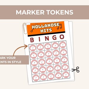 May include: A printable sheet of circular marker tokens for a Hollandse Hits Bingo game. The sheet features an orange header with the text Hollandse Hits and musical notes. Each circular token contains the text Hollandse Hits and Bingo.