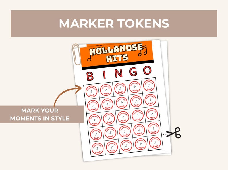 May include: A printable sheet of circular marker tokens for a Hollandse Hits Bingo game. The sheet features an orange header with the text Hollandse Hits and musical notes. Each circular token contains the text Hollandse Hits and Bingo.