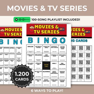 May include: Movies & TV Series bingo game set featuring 1,200 cards, a 100-song playlist, and 6 ways to play. The cards include song titles, artist names, and QR codes for music playback, with a red header and a black starburst graphic label.