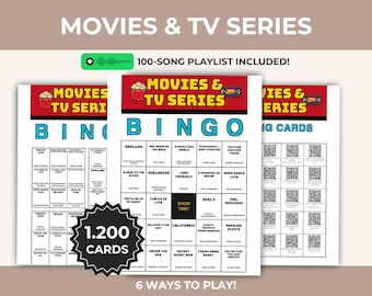 Juego imprimible de bingo musical con canciones de películas y series de televisión, lista de reproducción en pantalla, actividad divertida para cantar, descarga instantánea, PDF digital, tarjeta QR.
