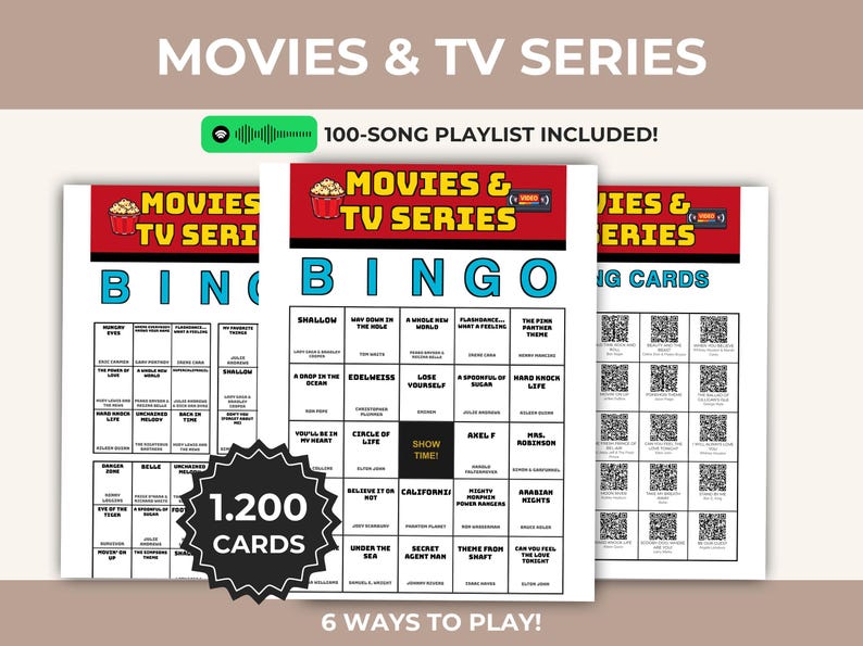 May include: Movies & TV Series bingo game set featuring 1,200 cards, a 100-song playlist, and 6 ways to play. The cards include song titles, artist names, and QR codes for music playback, with a red header and a black starburst graphic label.