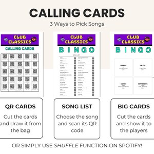 May include: A Club Classics bingo game set featuring three printable sheets: a page of QR code calling cards, a song list with QR codes, and a page of large song title cards. Each sheet includes the text Club Classics and instructions for use.