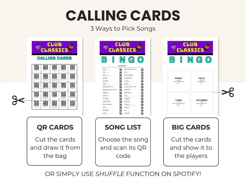 May include: A Club Classics bingo game set featuring three printable sheets: a page of QR code calling cards, a song list with QR codes, and a page of large song title cards. Each sheet includes the text Club Classics and instructions for use.