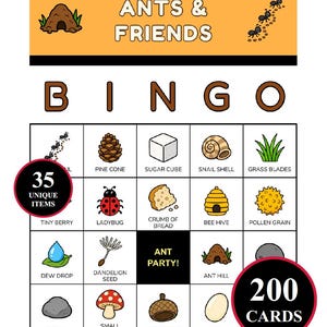 Cute Ants Bingo 200 Cards, Insect Activity Cards, Picnic Party Pastime, Bug Hunt Printable, Nature Classroom Sheets