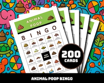 Animal Poop Bingo Spiel - 200 druckbare Karten mit 40 wilden Fakten | Lernspielzeug für Klassenzimmer, Hausschule, Familienspaß und Studium der Wissenschaften