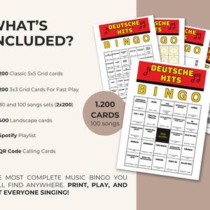 May include: A set of German music bingo cards with the text "DEUTSCHE HITS BINGO" in red and yellow. The image shows a list of included items: grid cards, song sets, landscape cards, a Spotify playlist, and QR code calling cards.