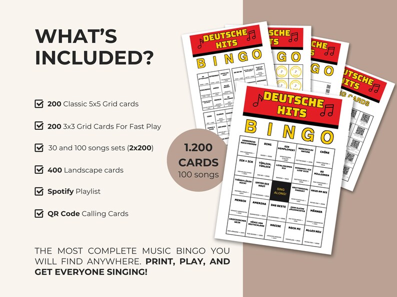 May include: A set of German music bingo cards with the text "DEUTSCHE HITS BINGO" in red and yellow. The image shows a list of included items: grid cards, song sets, landscape cards, a Spotify playlist, and QR code calling cards.