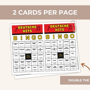 May include: Two German Hits Bingo cards with red and yellow text. The cards have a grid of words and phrases. The text "2 CARDS PER PAGE" and "DOUBLE THE FUN!" are also visible.