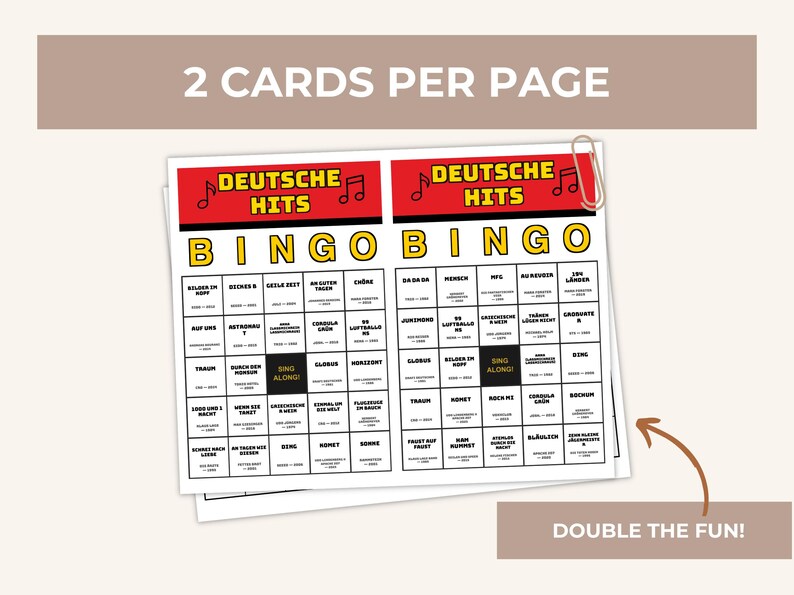 May include: Two German Hits Bingo cards with red and yellow text. The cards have a grid of words and phrases. The text "2 CARDS PER PAGE" and "DOUBLE THE FUN!" are also visible.