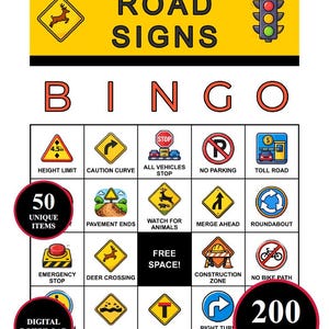 Może przedstawiać: Gra w Bingo Znaki Drogowe z 50 unikalnymi elementami i 200 kartami. Gra zawiera ilustracje znaków drogowych, w tym przejście dla jeleni, znaki stopu i ostrzeżenia o łączeniu. Do pobrania cyfrowo.