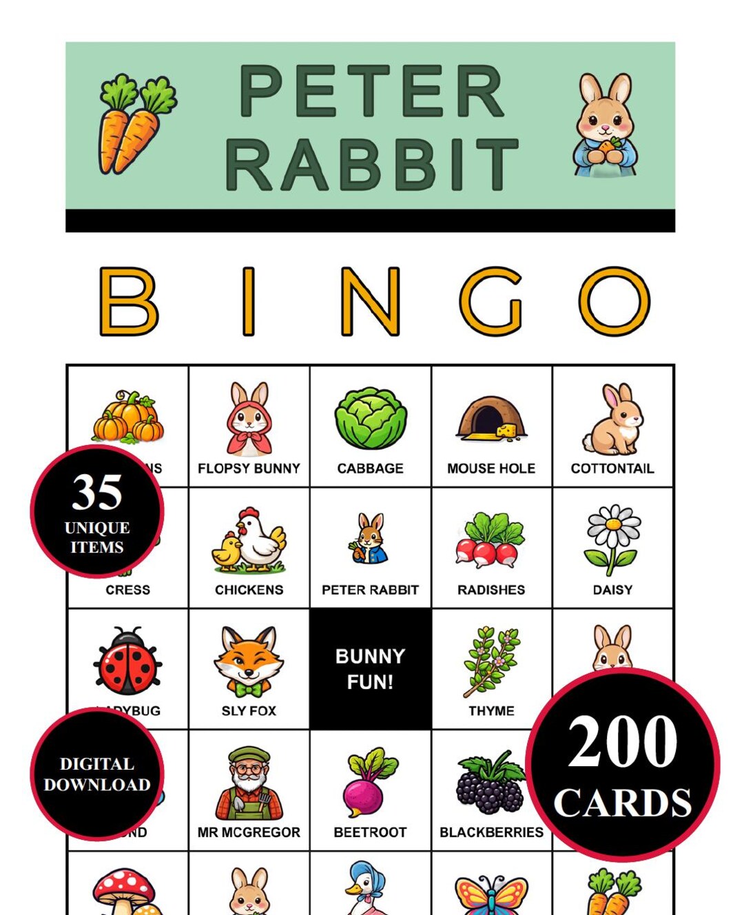 Peter Rabbit Rummy Card Game Peter Rabbit Bingo Game – 200 Printable Cards With 35 Iconic Moments ...