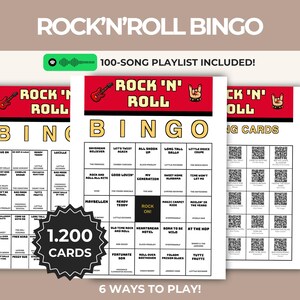 Peut inclure: Jeu de bingo Rock 'n' Roll composé de trois cartes blanches avec en-têtes rouges, texte noir et un carré central noir marqué ROCK ON!. Inclut une playlist de 100 chansons, 1 200 cartes et 6 façons de jouer, avec des QR codes sur la carte de droite.
