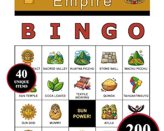 Inka Empire Bingo Spiel - 200 druckbare Karten mit 40 historischen Momenten | Lernen für Klassenzimmer, Hausschule, Familienspaß & Weltstudie