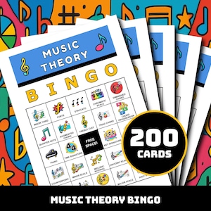 May include: A stack of Music Theory Bingo cards with a colorful musical note background. Each card features musical terms and symbols, with the words "Music Theory Bingo" at the top. A black circle displays "200 cards".