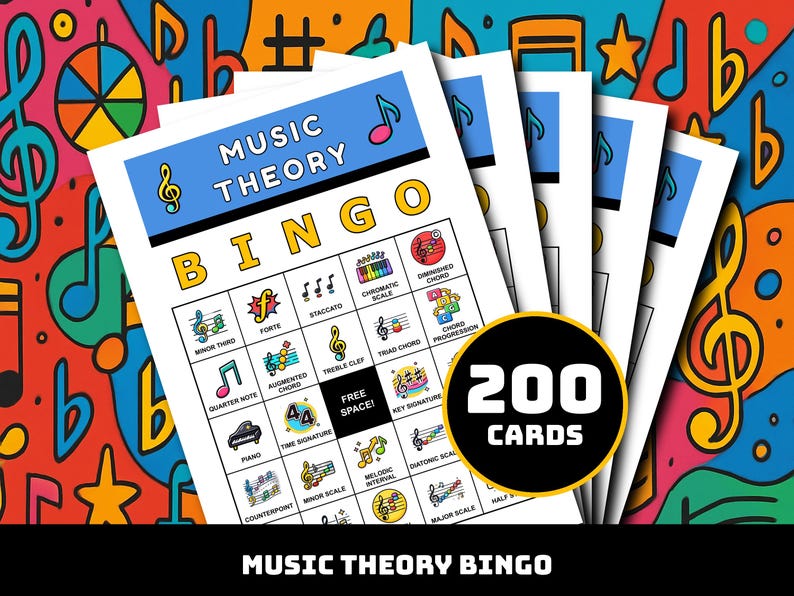 May include: A stack of Music Theory Bingo cards with a colorful musical note background. Each card features musical terms and symbols, with the words "Music Theory Bingo" at the top. A black circle displays "200 cards".