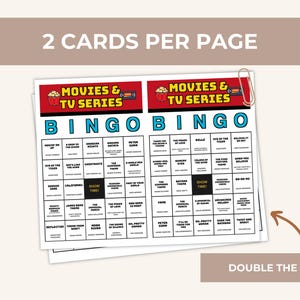 May include: Two printable bingo cards on a single sheet, each titled Movies & TV Series. The cards feature a grid with the word BINGO in blue letters at the top, a red header with popcorn and film icons, and a black center square labeled SHOW TIME!