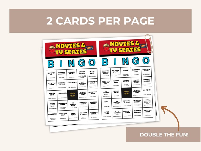 May include: Two printable bingo cards on a single sheet, each titled Movies & TV Series. The cards feature a grid with the word BINGO in blue letters at the top, a red header with popcorn and film icons, and a black center square labeled SHOW TIME!