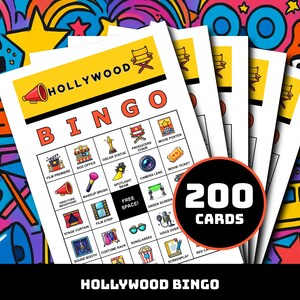 Peut inclure: Plusieurs cartes de Bingo Hollywood avec un fond coloré. Les cartes présentent des cases de bingo avec des images et du texte sur le thème du cinéma. Un cercle indique 200 cartes. Les mots "Hollywood Bingo" sont en bas.