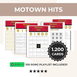 モータウンヒット曲ビンゴ（印刷可能）、カード1,200枚、100曲、5x5と3x3のゲーム、QRコード付きコールカード、Spotifyプレイリスト、PDF即時ダウンロード