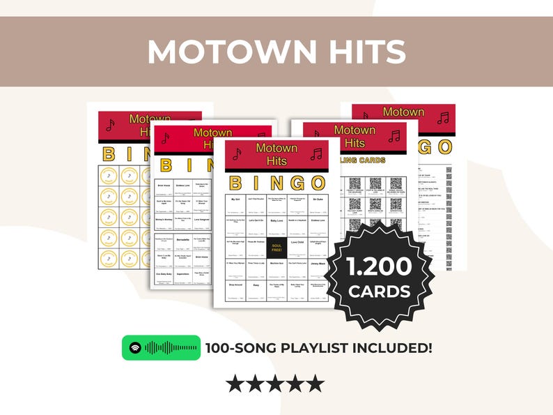 May include: Motown Hits Bingo cards with a red header and musical note icon. The cards feature song titles and QR codes. The image includes the text "1.200 CARDS" and "100-SONG PLAYLIST INCLUDED!"