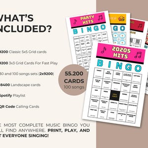 Puede incluir: Un juego de bingo musical con varias tarjetas imprimibles con cuadr&iacute;culas de 5x5, tituladas 2020s Hits, Party Hits y 1950s Hits. El texto incluye What's Included, 55.200 tarjetas, 100 canciones, informaci&oacute;n de lista de Spotify y tarjetas QR.