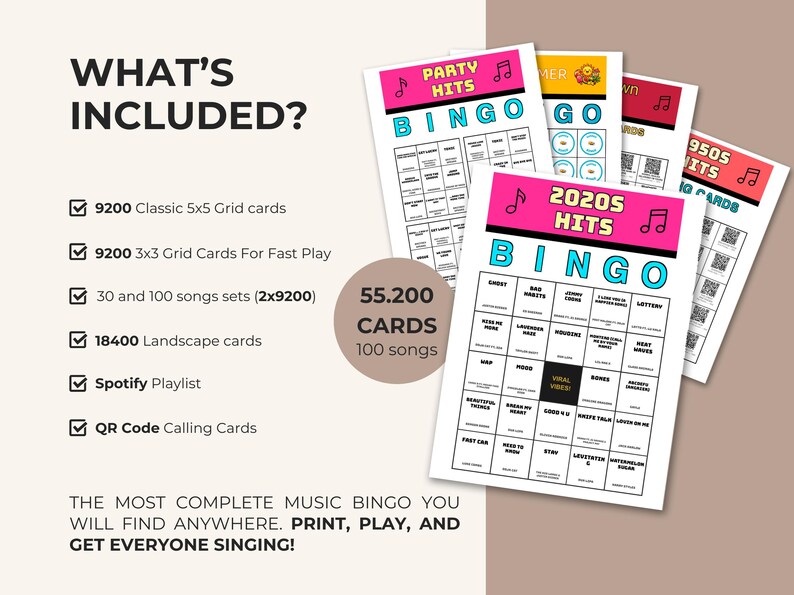 Puede incluir: Un juego de bingo musical con varias tarjetas imprimibles con cuadr&iacute;culas de 5x5, tituladas 2020s Hits, Party Hits y 1950s Hits. El texto incluye What's Included, 55.200 tarjetas, 100 canciones, informaci&oacute;n de lista de Spotify y tarjetas QR.