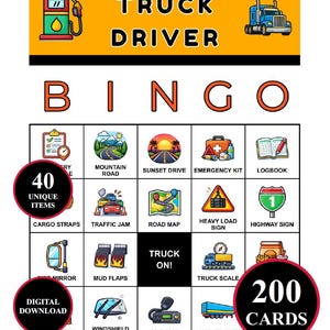 Puede incluir: Una tarjeta de juego de Bingo para camioneros con un encabezado amarillo y negro. La tarjeta presenta 40 elementos únicos y 200 tarjetas. La tarjeta de bingo incluye ilustraciones de una gasolinera, un camión, una carretera de montaña y un botiquín.