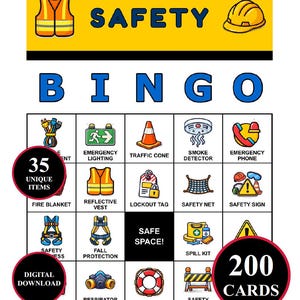 May include: A digital download of a safety bingo game. The game features a yellow and blue design with the word "SAFETY" at the top. The bingo cards include images of safety equipment and the text "35 UNIQUE ITEMS" and "200 CARDS".