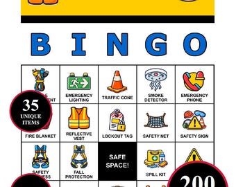 Safety Bingo Game – 200 Printable Cards with 35 Iconic Precautions | Workplace Training Game for OSHA Sessions, Safety Hazard Week Events