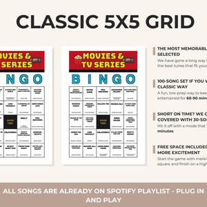 May include: Two Movies & TV Series Bingo cards with a 5x5 grid, featuring a red header with popcorn and film reel icons. The cards include song titles and a central 'SHOW TIME!' square. Text details include 'CLASSIC 5X5 GRID' and playlist info.