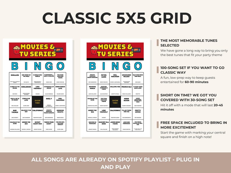 May include: Two Movies & TV Series Bingo cards with a 5x5 grid, featuring a red header with popcorn and film reel icons. The cards include song titles and a central 'SHOW TIME!' square. Text details include 'CLASSIC 5X5 GRID' and playlist info.