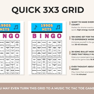 Pu&ograve; includere: Un tabellone del gioco del bingo con la scritta "1990s Hits Bingo" in rosa e nero. Il tabellone &egrave; diviso in una griglia 3x3 con i titoli delle canzoni. Ulteriori testi descrivono le varianti e le caratteristiche del gioco.