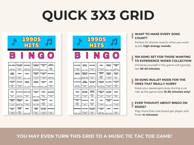 Pu&ograve; includere: Un tabellone del gioco del bingo con la scritta "1990s Hits Bingo" in rosa e nero. Il tabellone &egrave; diviso in una griglia 3x3 con i titoli delle canzoni. Ulteriori testi descrivono le varianti e le caratteristiche del gioco.