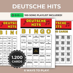 May include: Three "Deutsche Hits Bingo" cards with a red and yellow design. The cards feature a 100-song playlist and 1,200 cards with 6 ways to play. The text "Deutsche Hits" is at the top.