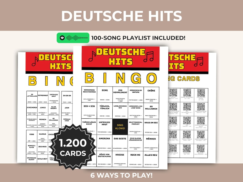 May include: Three "Deutsche Hits Bingo" cards with a red and yellow design. The cards feature a 100-song playlist and 1,200 cards with 6 ways to play. The text "Deutsche Hits" is at the top.