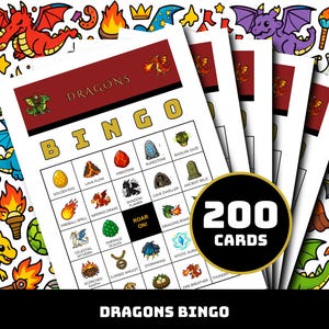 Dragon Bingo Printable 200 Karten, Fantasy Party Spiel, Mittelalterliche Aktivität, Sofortiger Download PDF, Familien Nacht Karten, Kinder Gruppenspiel