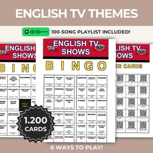 May include: A set of English TV themes bingo cards featuring a red header with the text "ENGLISH TV SHOWS" and icons of a British flag and cassette tape. The cards include a 100-song playlist, a black starburst graphic with "1.200 CARDS", and "6 WAYS TO PLAY!"