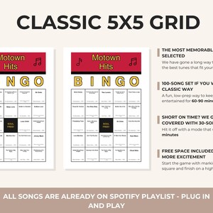 May include: Two Motown Hits Bingo cards with a red header and gold lettering. The text "CLASSIC 5X5 GRID" is at the top. The cards have a 5x5 grid with song titles. Additional text describes the game and Spotify playlist.