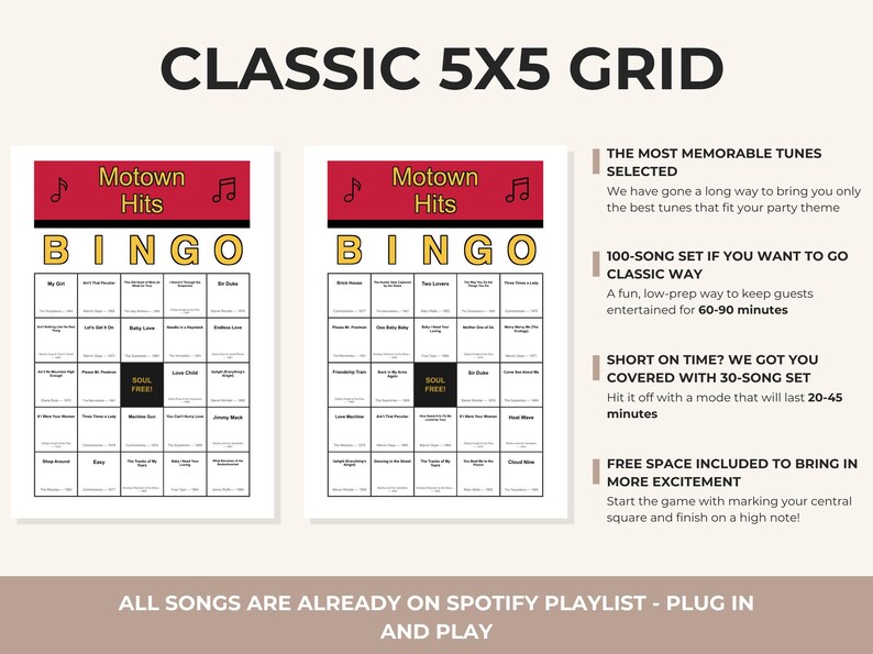 May include: Two Motown Hits Bingo cards with a red header and gold lettering. The text "CLASSIC 5X5 GRID" is at the top. The cards have a 5x5 grid with song titles. Additional text describes the game and Spotify playlist.